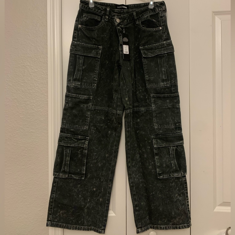 Crossed Signals Acid Wash Cargo Jeans